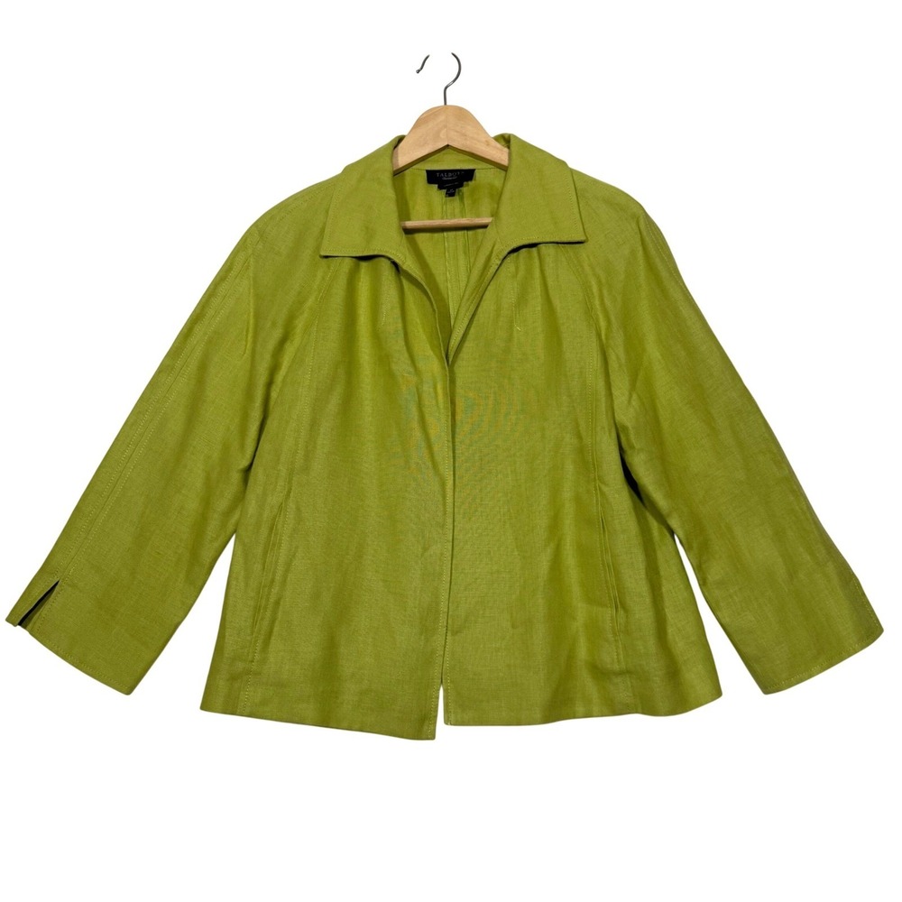 Talbots Green Pure Irish Linen Open Front Jacket Medium‎ Vented Cuff Pocket